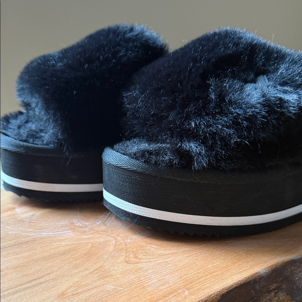 Michael Kors Black Faux Fur Platform Slippers